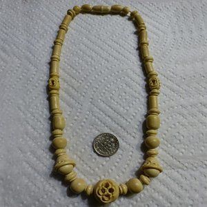Bovine Bone Celluloid Vintage Bead Necklace Carved Beads Matching Barrel Clasp